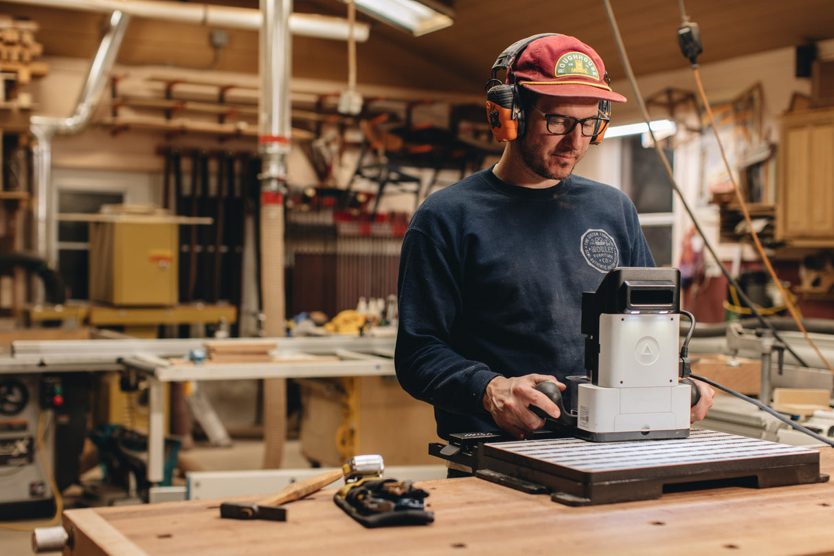 Australian woodworking tools store showcasing Shaper Tools Origin Handheld CNC Router plus Workstation Bundle in use
