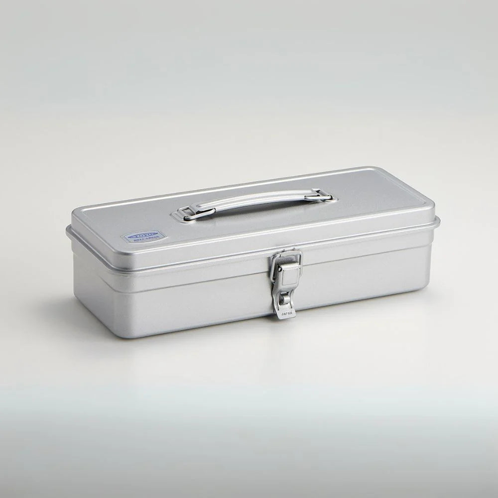 Toyo Trunk Shape Toolbox 32cm in silver colour, showcasing the top view with compartments and sturdy metal handle