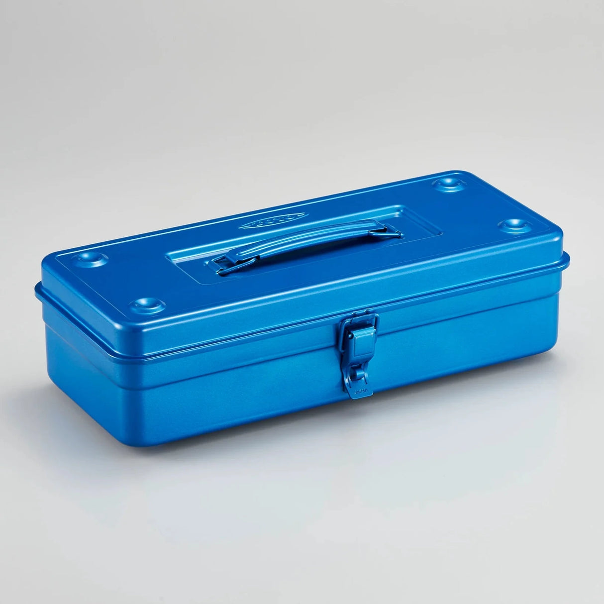 Toyo Trunk Shape Toolbox 35cm - Open wooden toolbox with metal accents and leather handle, showcasing craftsmanship