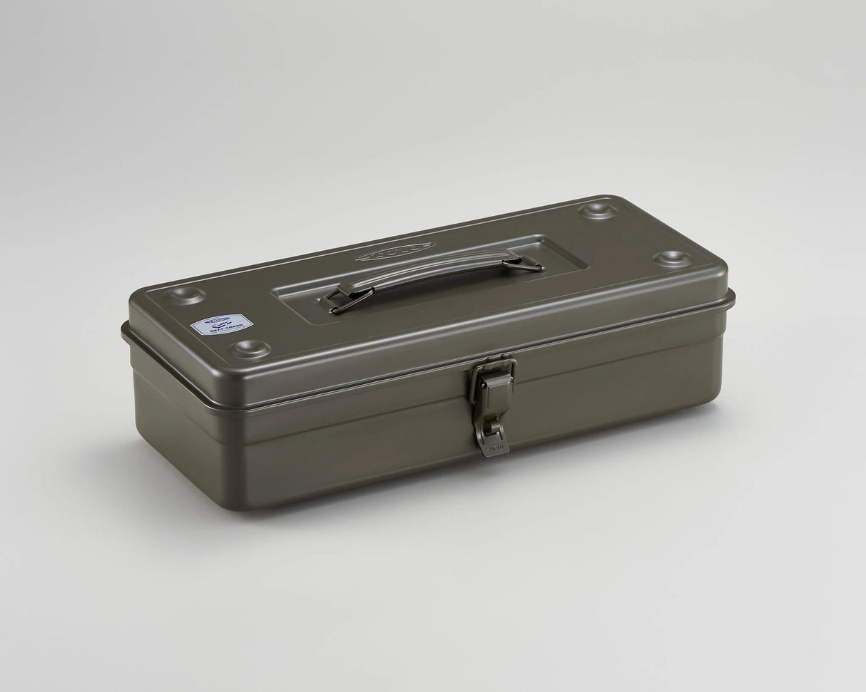 Australian Toyo Trunk Shape Toolbox 35cm in moss green color, showcasing side handle and latch detail