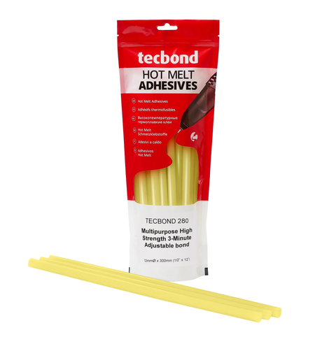 Power Adhesives Tecbond 280 construction hot melt glue sticks 12 x 300mm pack of 10 on white background