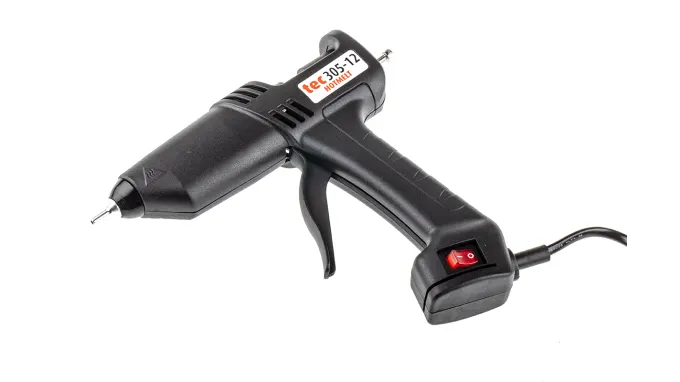 Power Adhesives 150W hot glue gun for woodworking applications, angled view