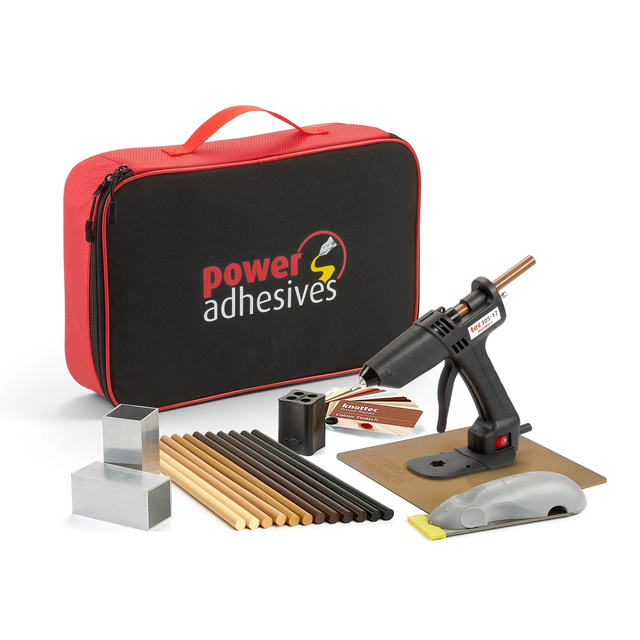 Power Adhesives Knottec Light Industrial Wood Repair Kit hot glue gun applicator for wood defect management