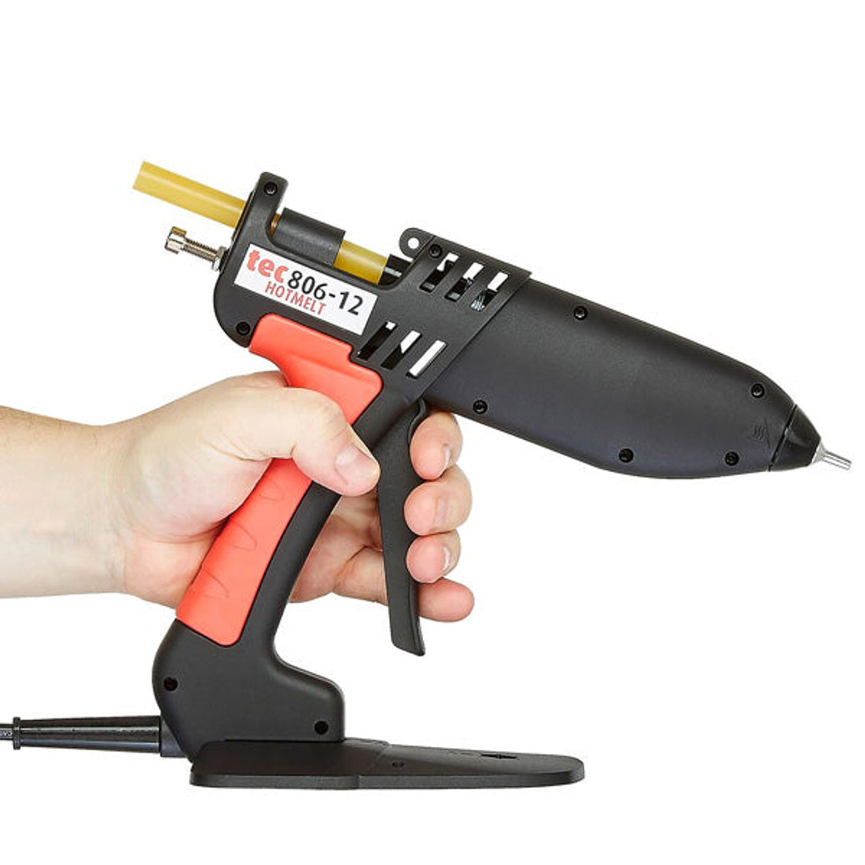 Power Adhesives Medium Industrial Hot Glue Gun 250W, side view with 12mm stick compatibility