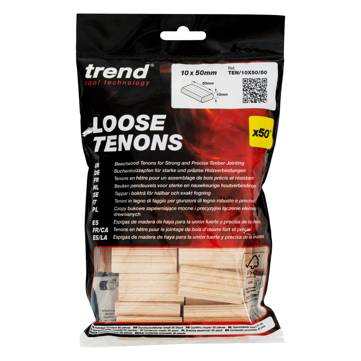 Trend 10 x 50mm Beechwood Loose Tenons Pack of 50