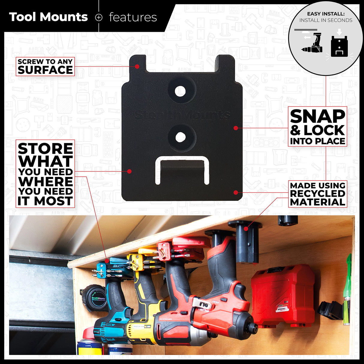 StealthMounts Tool Mount for DeWalt XR 18V Pack of 4 Yellow
