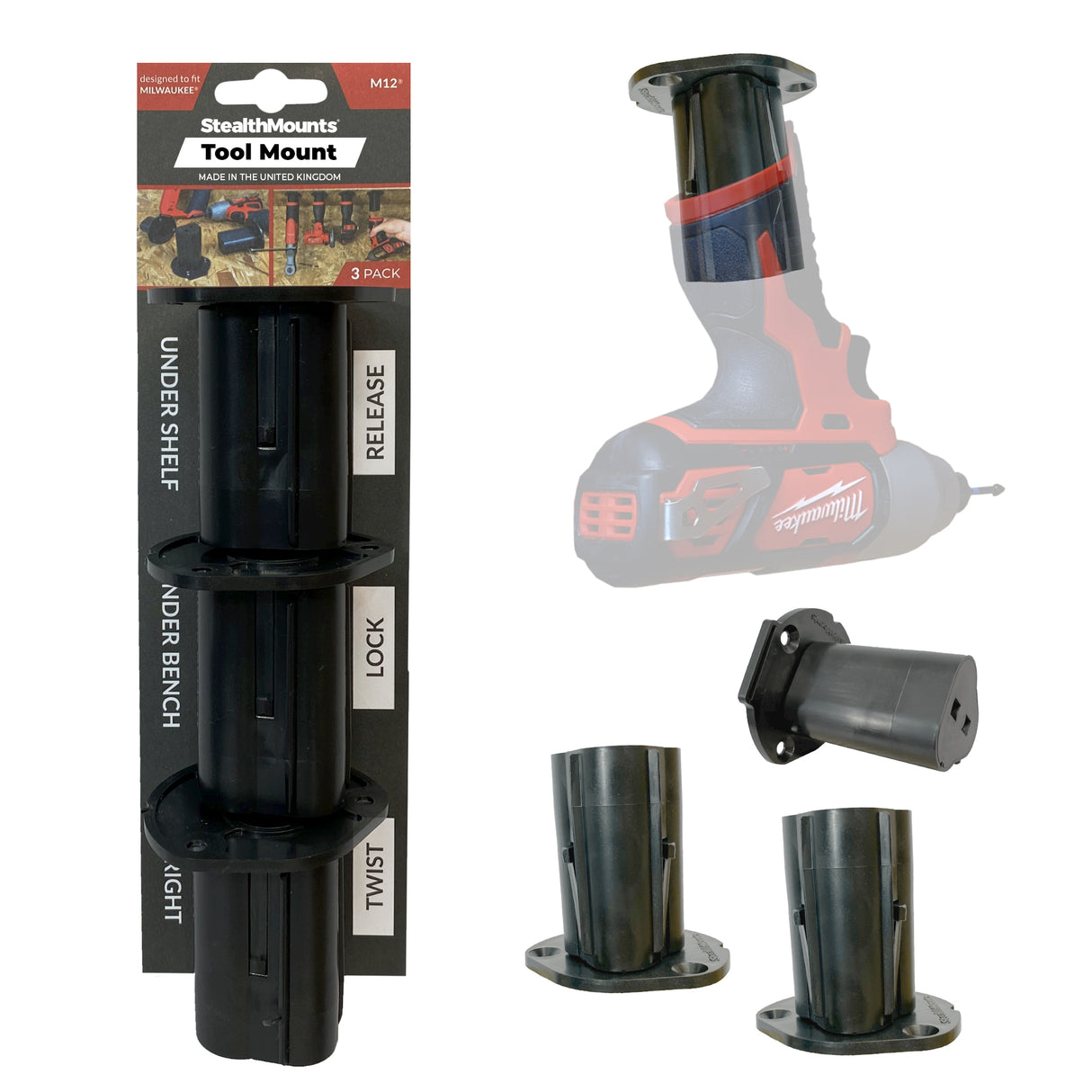StealthMounts Tool Mount for Milwaukee M12 12V Pack of 3 Black