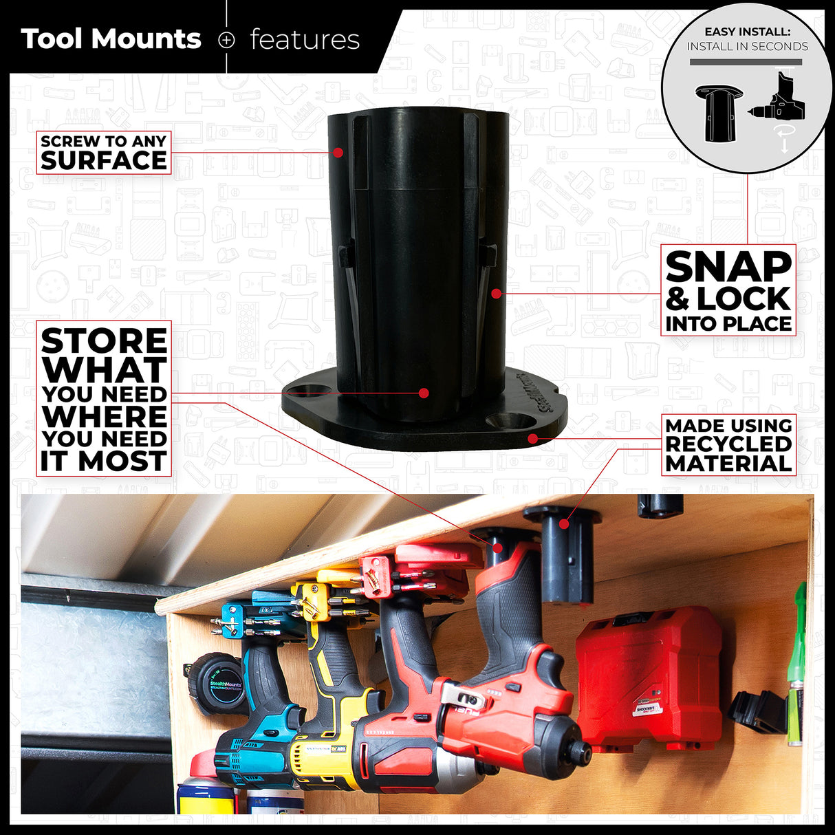 StealthMounts Tool Mount for Milwaukee M12 12V Pack of 3 Black