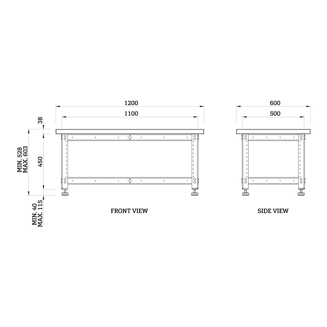 Torquata Workbench System 1200 x 600 x 450 H Dog Hole Top Assembly & Machine Stand