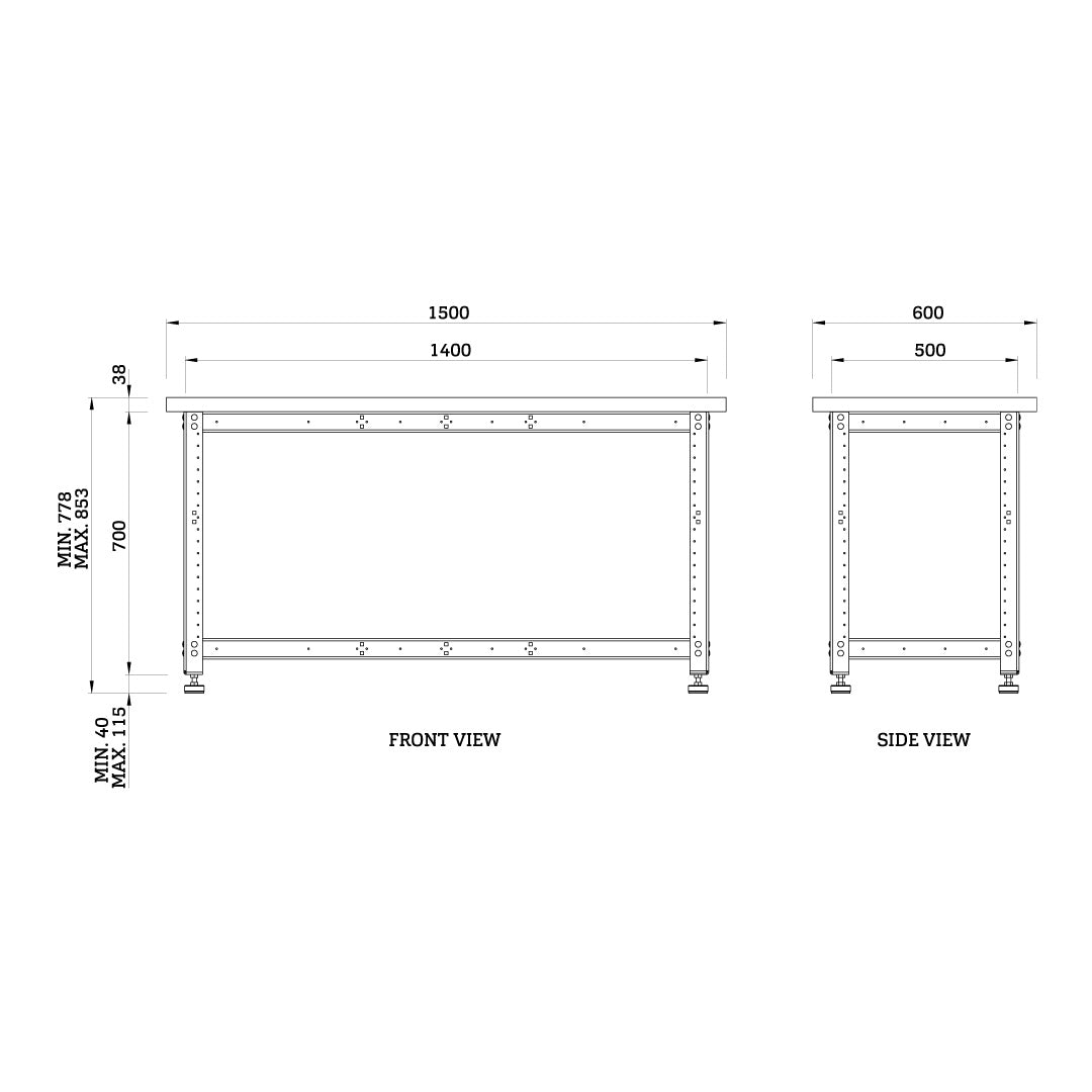 Torquata Workbench System 1500 x 600 x 450 H Dog Hole Top Assembly & Machine Stand