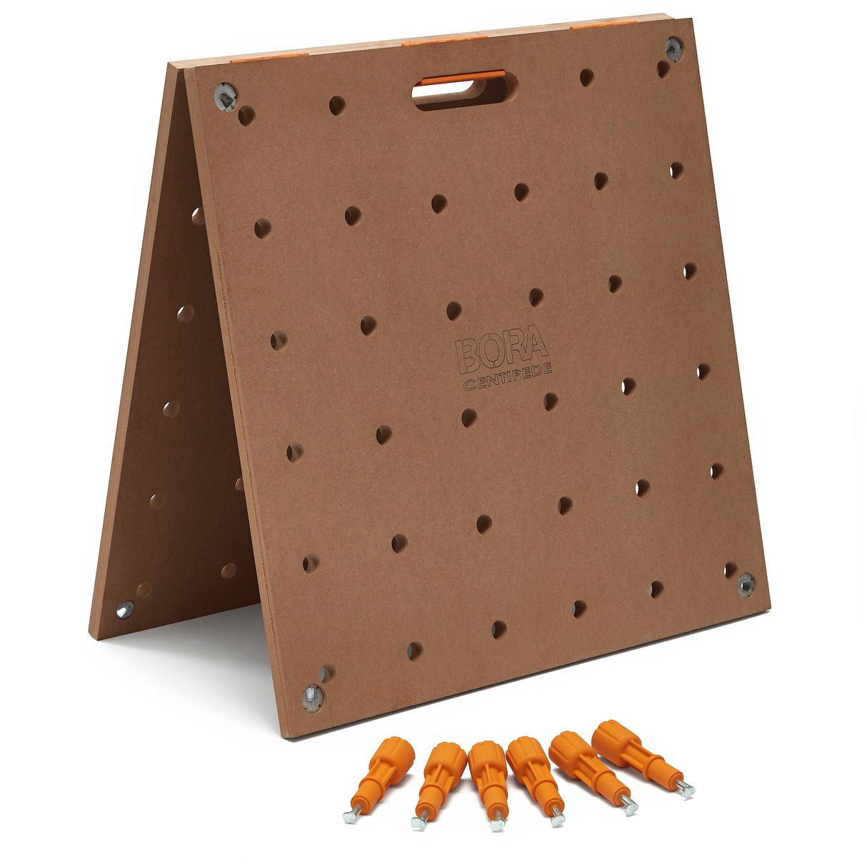 BORA Centipede Work Stand Table Top MDF with Bench Dog Holes, top view showing secure fastening handles