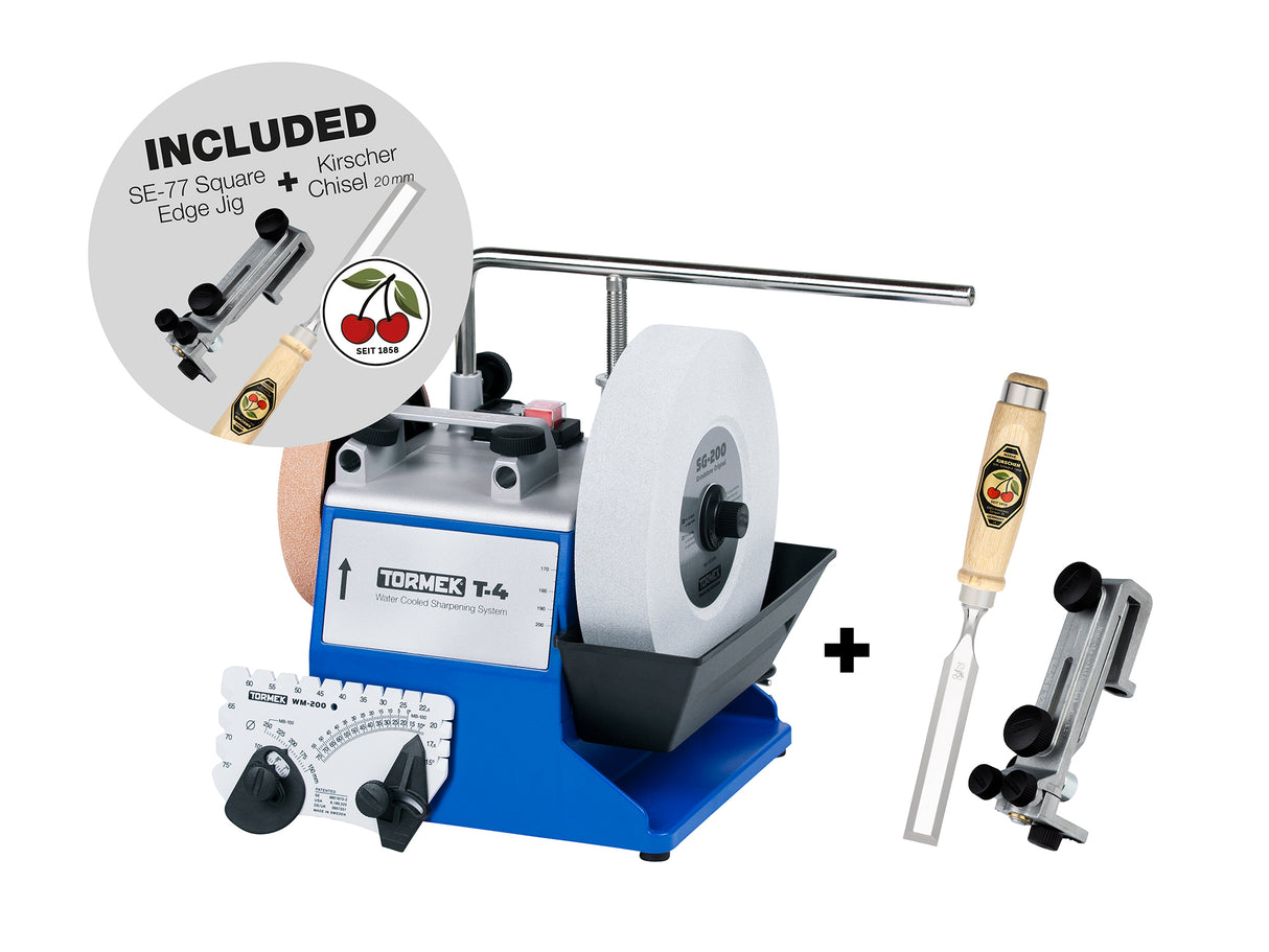 Tormek T-4ORIG sharpening machine with free SE-77 & Kirschen chisel, ideal for woodworking enthusiasts