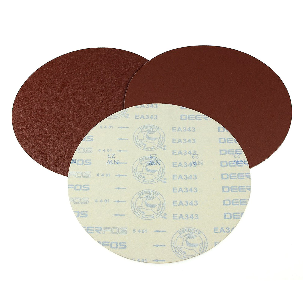 three round sandpaper discs on a white background, one is showing the back