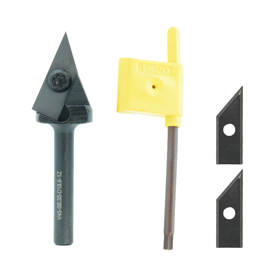 Torquata 45 Degree Carbide Insert V-Groove Router Bit & Replacement Cutters 1/4in Shank