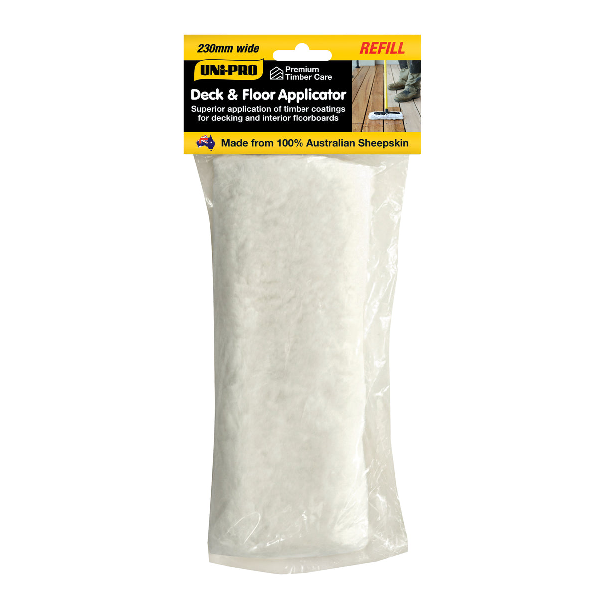 UniPro Sheepskin Replacement Pad 230mm for Decking & Flooring in use on timber deck