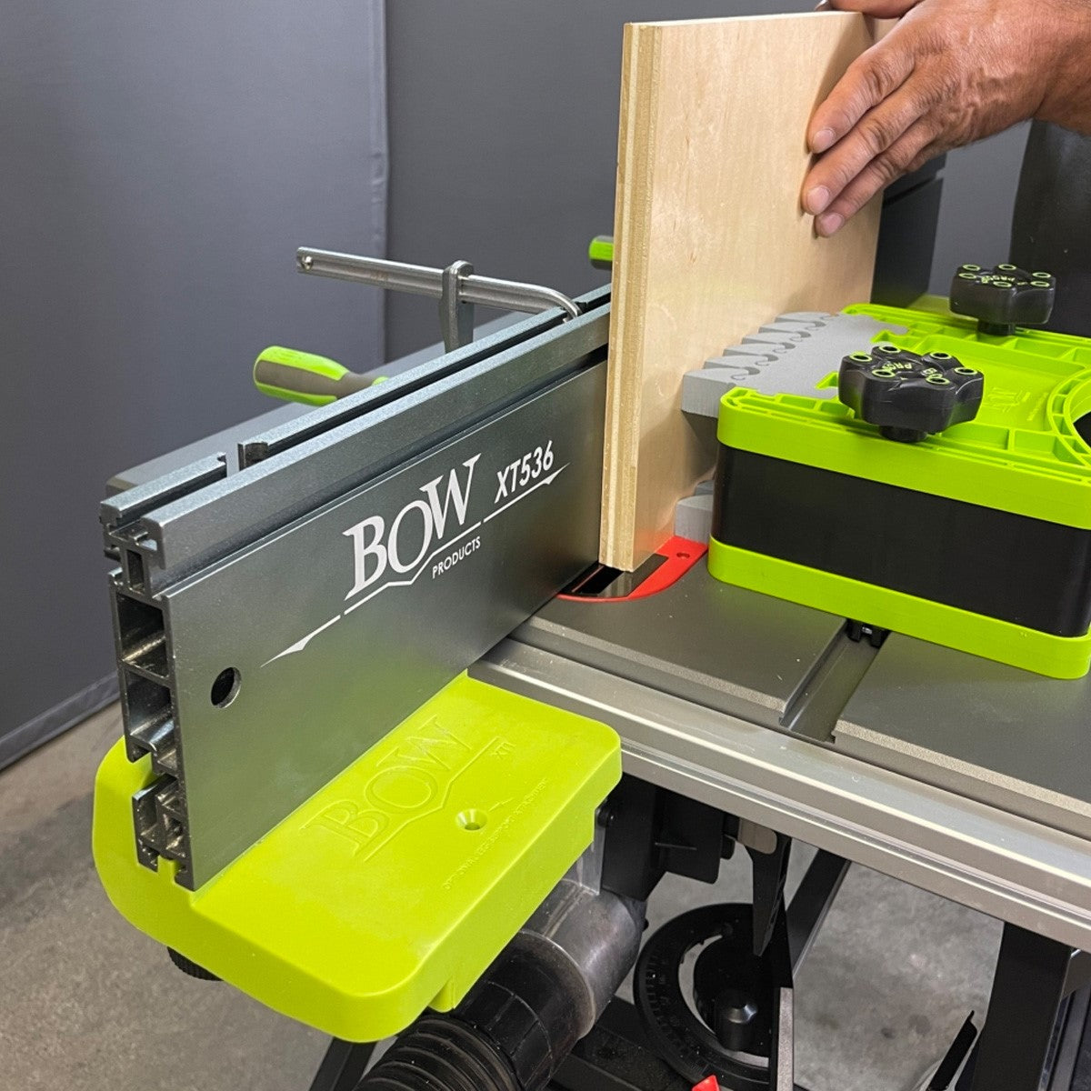 BOW Products XT XTENDER Fence Feed Supports, angled view showing how supports secure material for precise sawing