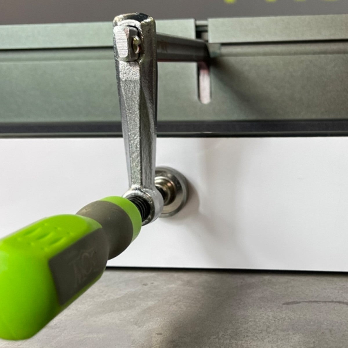 Bow Products T-Track Clamps securely mounted on XT XTENDER Fence for versatile saw fence compatibility