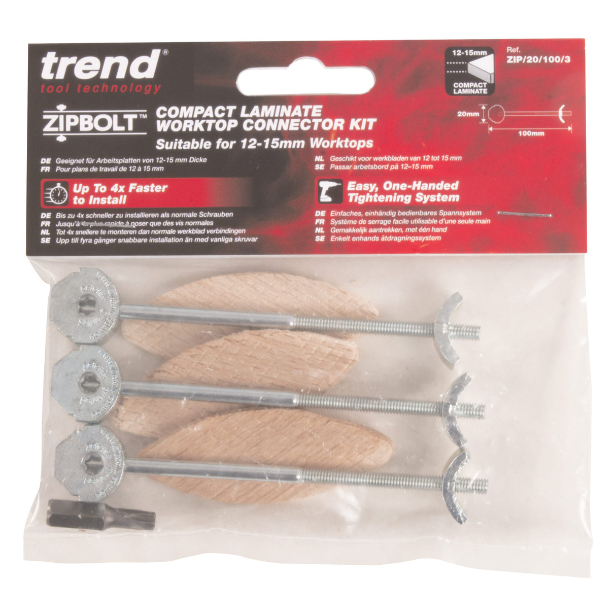 Trend ZIPBOLT Compact Laminate Worktop Connector Kit suits 12-15mm Material Thickness