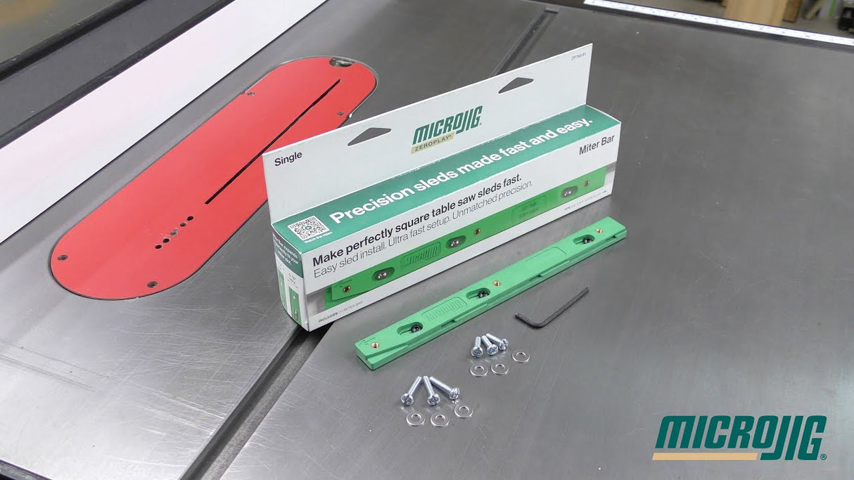 MicroJig ZeroPlay Mitre Bar 238mm Each in use with sled for precise mitre slot adjustment