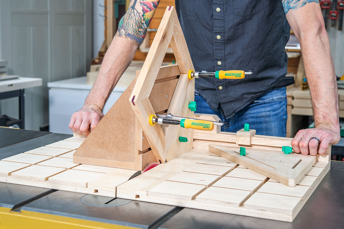 MicroJig ZeroPlay Mitre Bars & Mitre Stops Double Kit in action with precise adjustments above sled for accurate woodworking