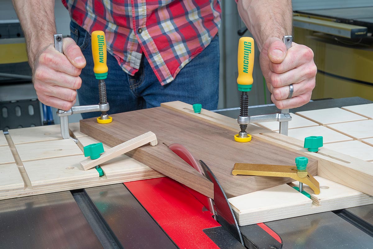 MicroJig ZeroPlay Mitre Bars & Mitre Stops Double Kit in use with precise adjustment for sleds