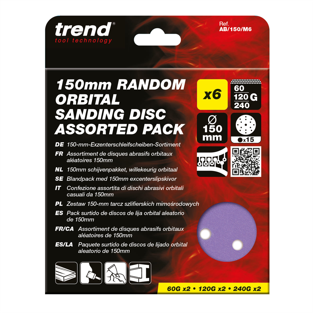 Trend Random Orbital Sanding Disc 150mm 60G/120G/240G Pack of 6