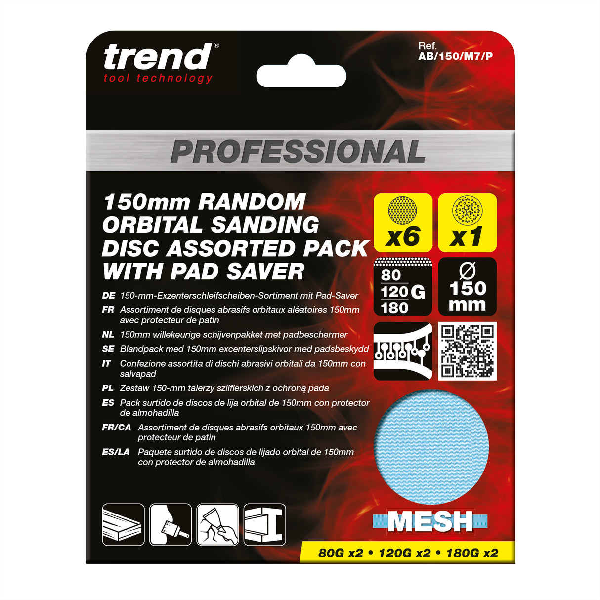 Trend Pro Mesh Sanding Discs with Pad Saver 150mm 80G/120G/180G Pack of 7