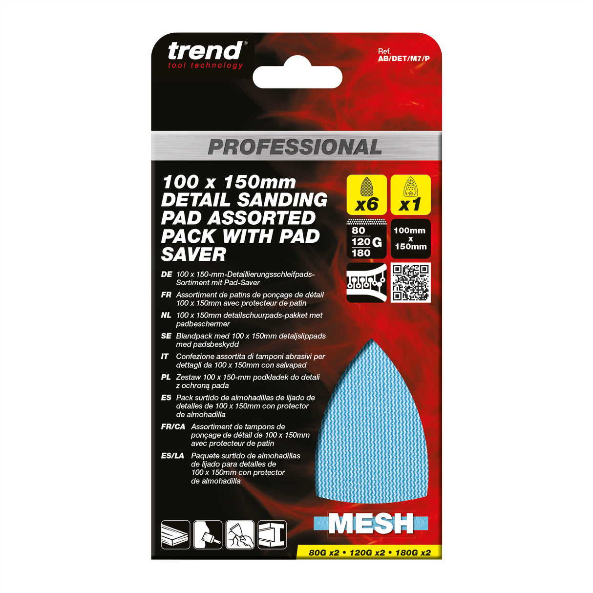 Trend Pro Mesh Detail Sanding Pads with Pad Saver 100 x 150mm 80G/120G/180G Pack of 7