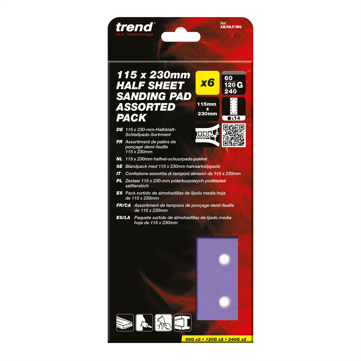 Trend Half Sheet Sanding Pads 115 x 230mm 60G/120G/240G Pack of 6