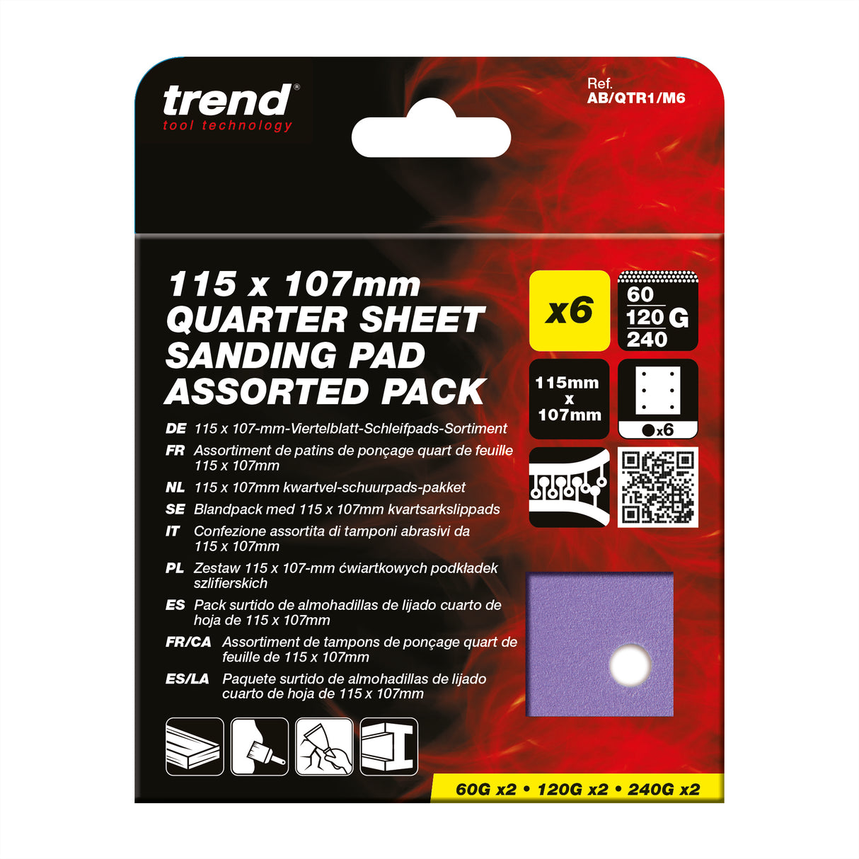 Trend 6-Hole Quarter Sheet Sanding Pads 115 x 107mm 60G/120G/240G Pack of 6