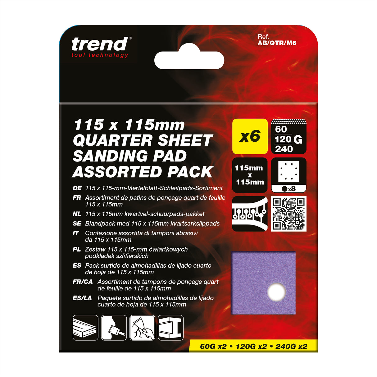 Trend 8-Hole Quarter Sheet Sanding Pads 115 x 115mm 60G/120G/240G Pack of 6