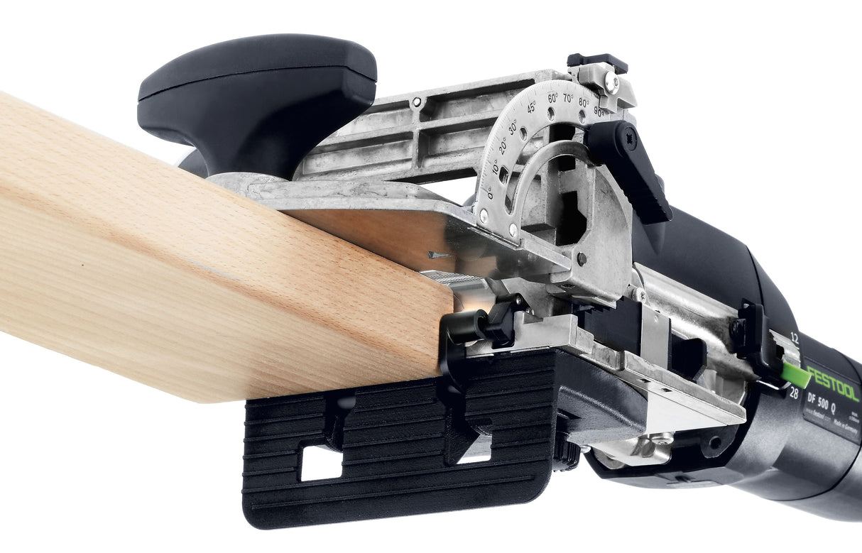 Festool DF 500 Domino Joiner Vertical Stop Attachment with integrated index stops for precise mortising near workpiece edge