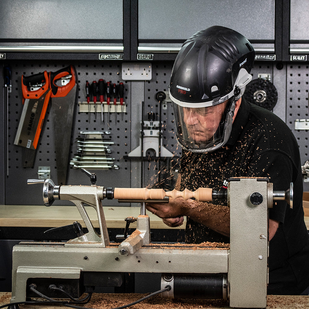 Trend Airshield Pro Respirator Face Shield Dust Mask Set in action, providing impact protection and consistent airflow