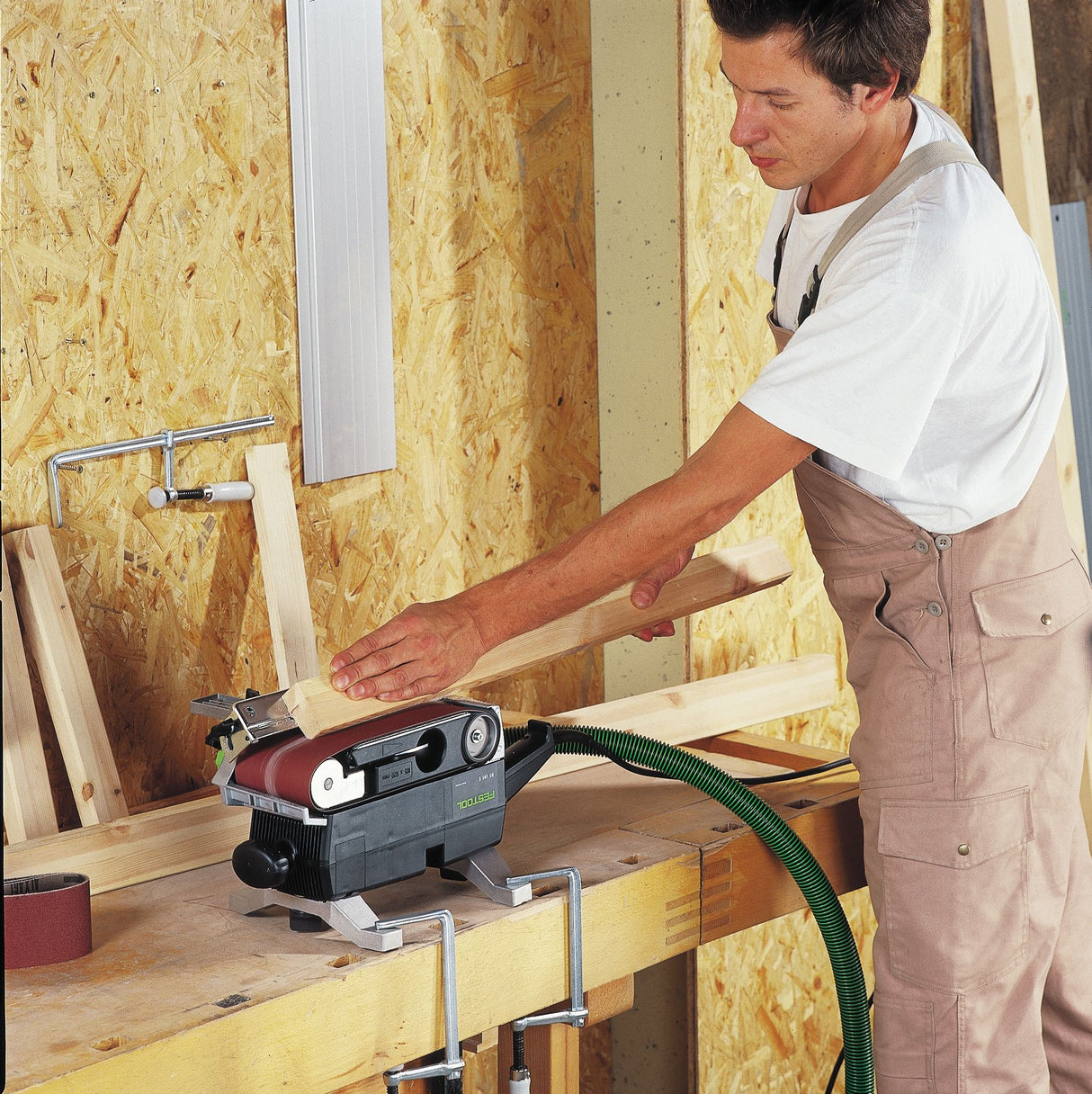 Festool BS 75mm Belt Sander in Systainer with Sanding Frame Set, sanding frame application on wood surface