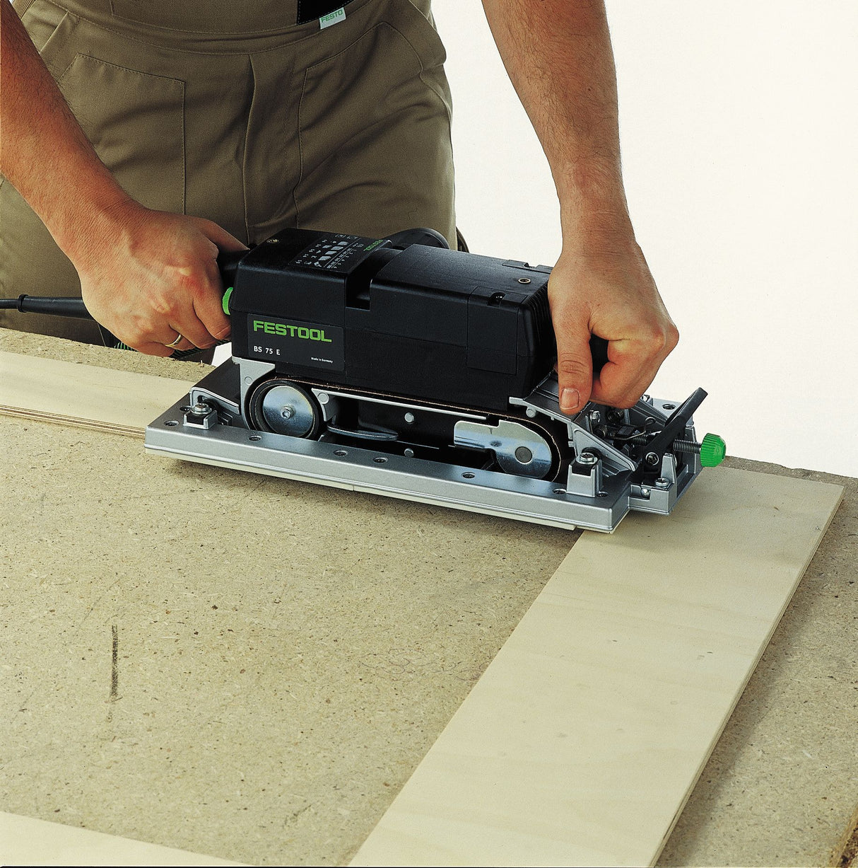 Festool BS 75mm Belt Sander in Systainer with Sanding Frame Set, sanding frame application on workpiece