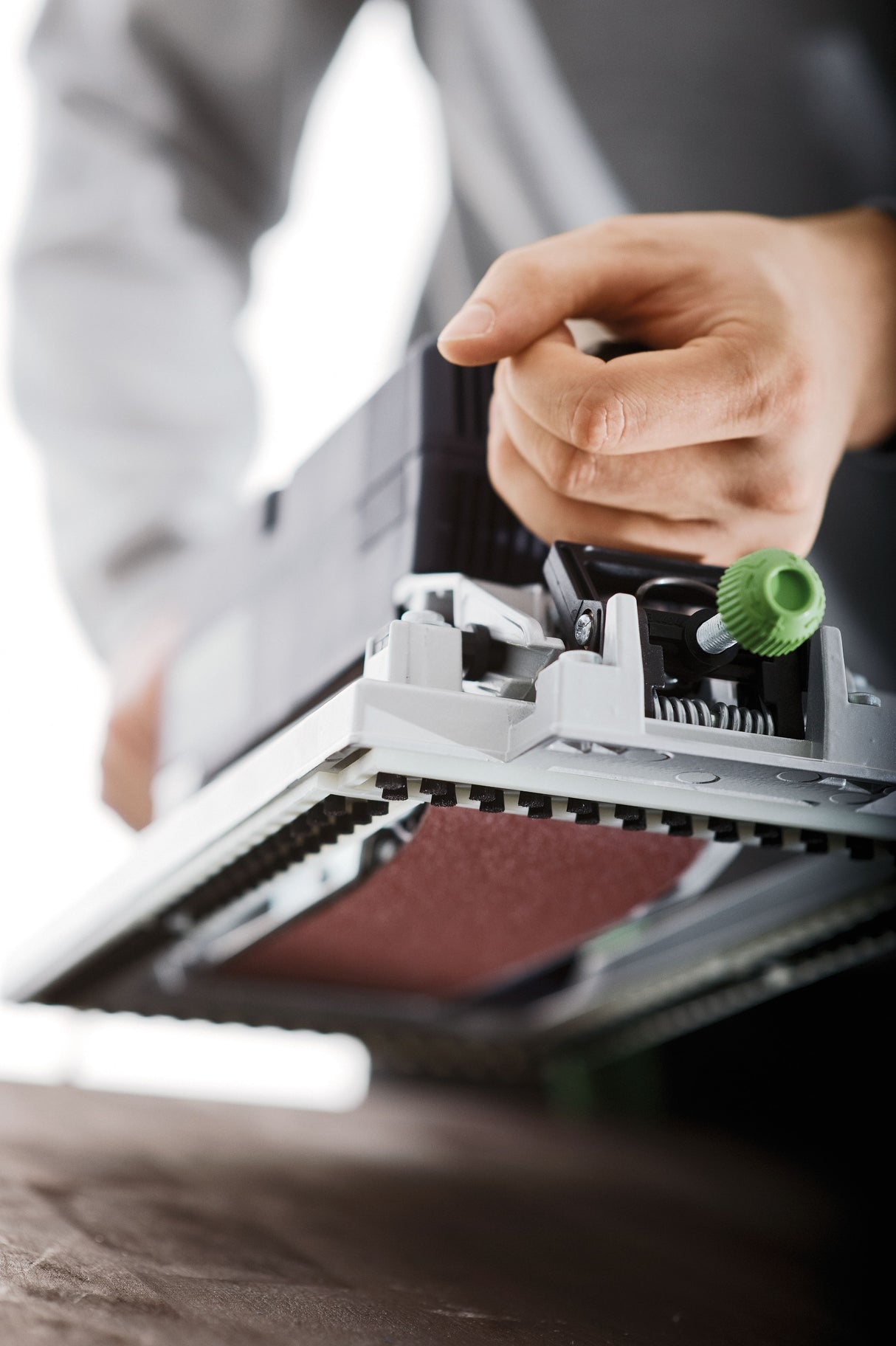 Festool BS 75mm Belt Sander in Systainer with Sanding Frame Set on wood surface, showing precise sanding along the grain
