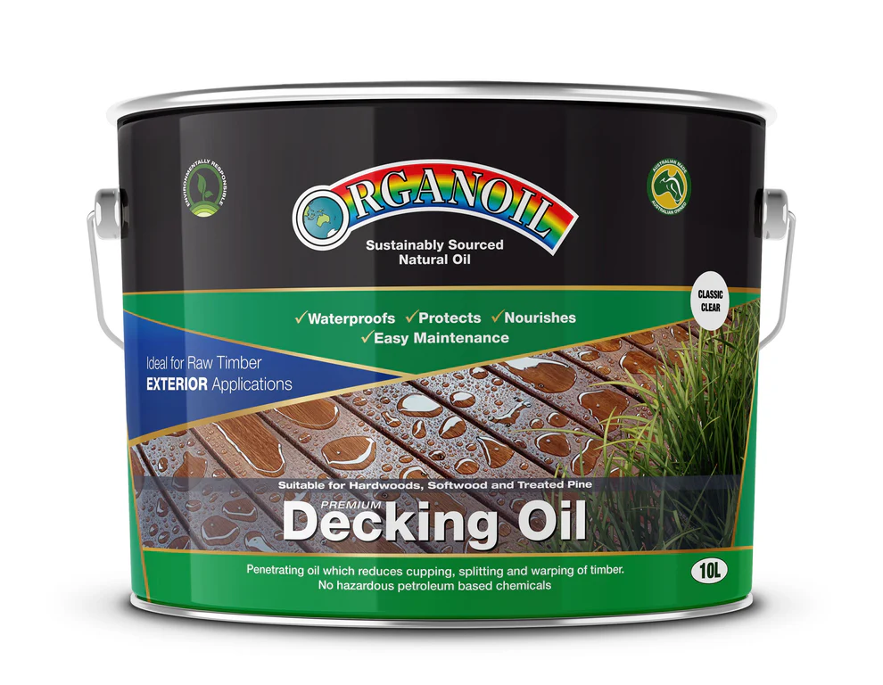 Australian woodworking tools store - Organoil Standard Decking Oil Classic Clear Exterior Finish 10L can of anti-mould fungal protection oil