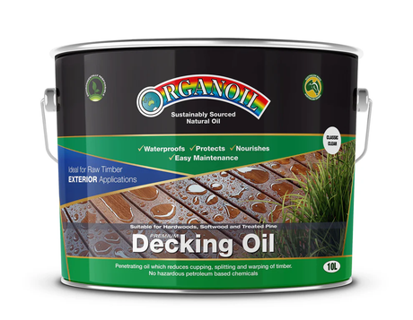 Australian woodworking tools store - Organoil Standard Decking Oil Classic Clear Exterior Finish 10L can of anti-mould fungal protection oil