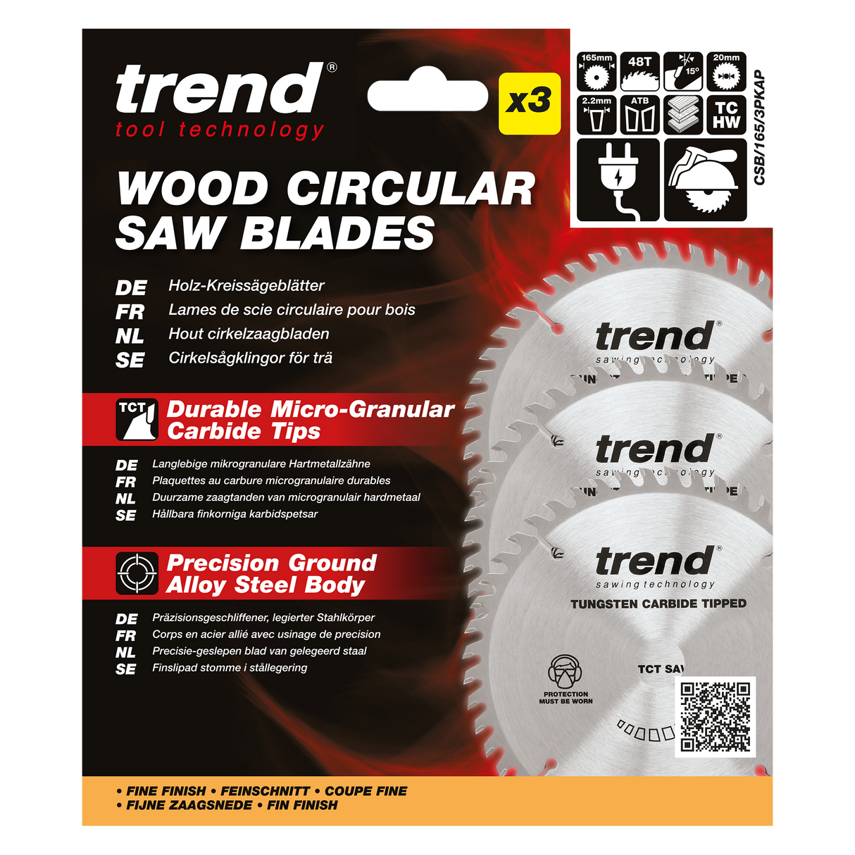 Trend 3-Piece 165mm x 20mm x 48T Wood Circular Saw Blade Set with PTFE Coating