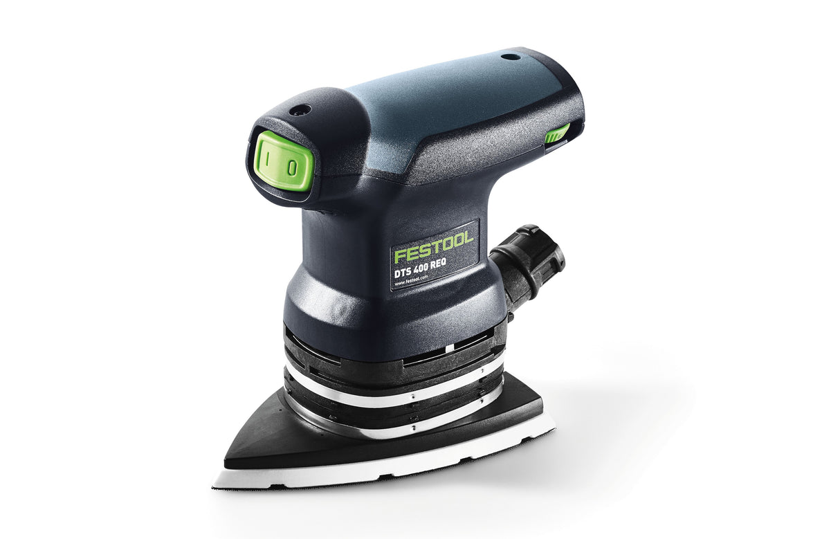 Festool DTS 400 REQ orbital iron head sander in Systainer, angled view showing compact design and maximum flexibility