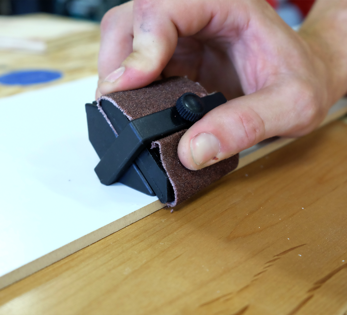 FastCap Edge Break File for Melamine & Timber Edging, angled view with adjustable depth, suitable for wood panel edges