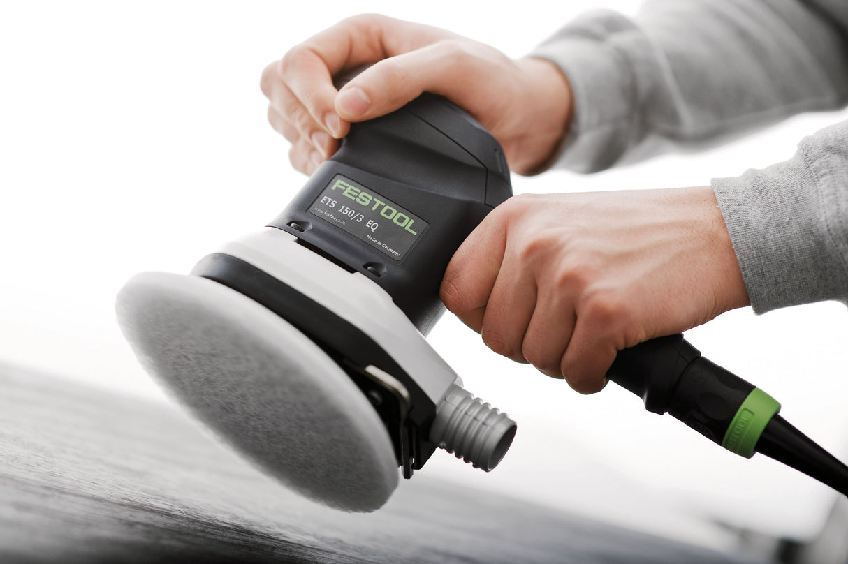 Festool ETS 150mm Random Orbital Sander in use on a wooden surface