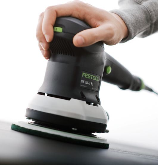 Festool ETS 150mm Random Orbital Sander in Systainer, angled view showing smooth sanding process
