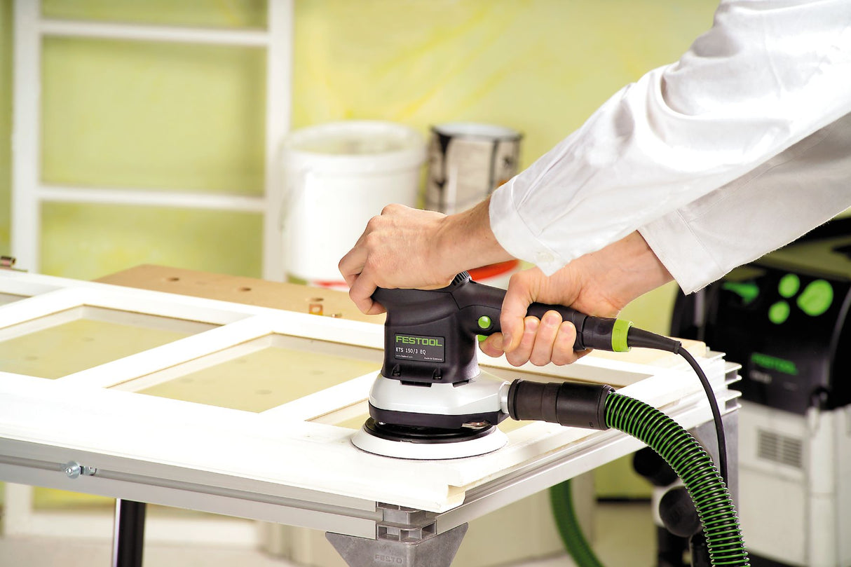 Festool ETS 150mm Random Orbital 3mm Sander in Systainer, showing fine sanding application on wood surface