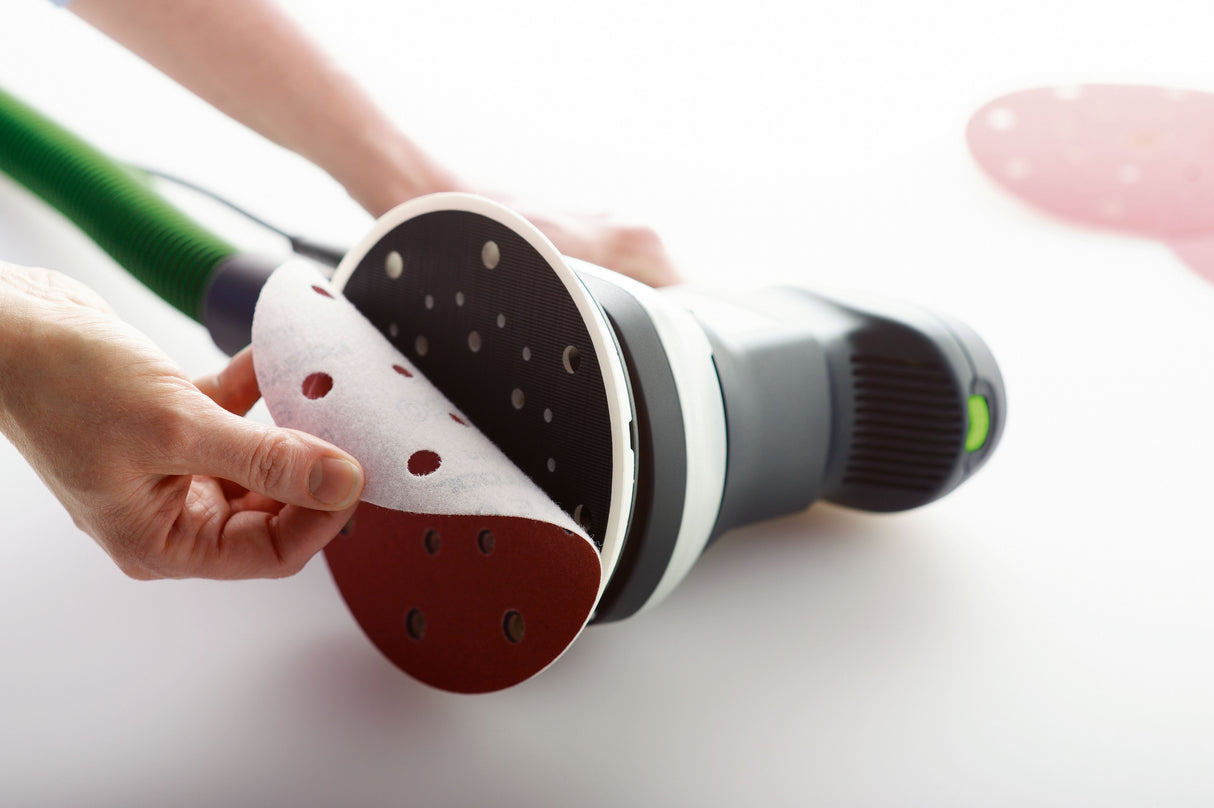 Festool ETS 150mm Random Orbital 3mm Sander in Systainer application on wooden surface