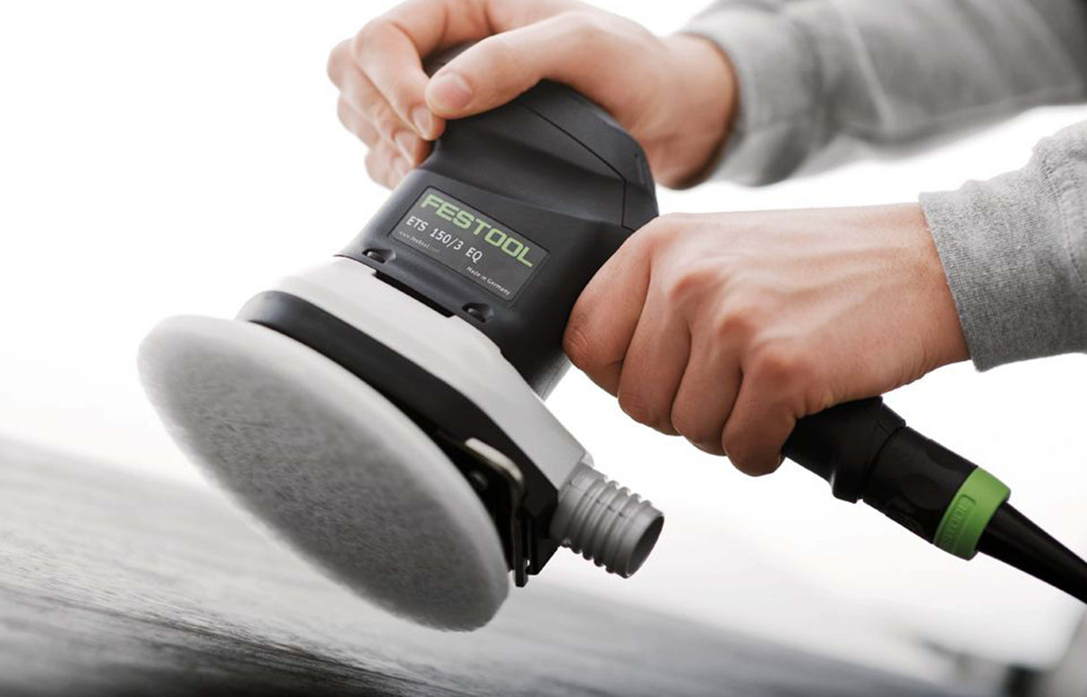Festool ETS 150/5 sander in Systainer, achieving high-quality surfaces with 5mm sanding stroke. Suitable for detailed and large surface work