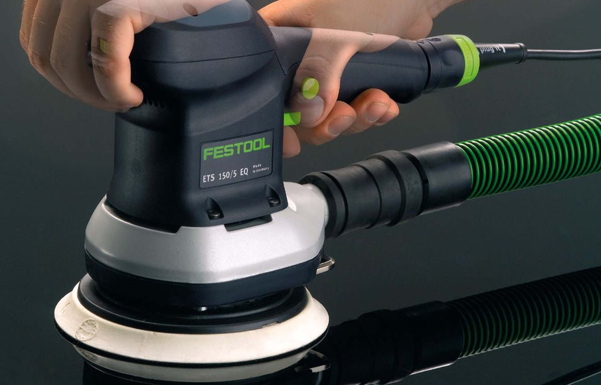 Festool ETS 150mm Random Orbital 5mm Sander in Systainer in use on detailed woodworking project