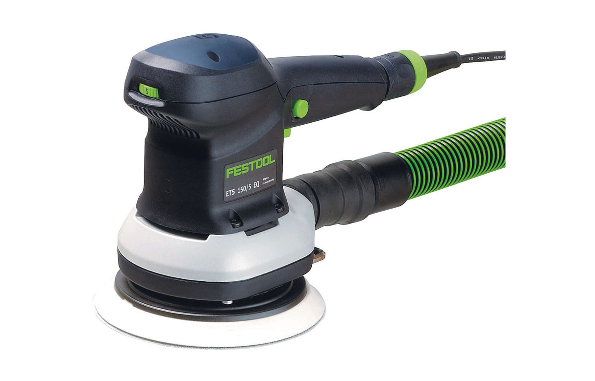 Festool ETS 150mm Random Orbital 5mm Sander in Systainer, showing ergonomic design and dust extraction system