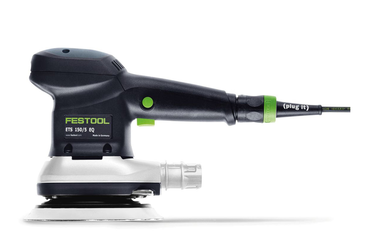 Festool ETS 150mm Random Orbital 5mm Sander in Systainer, showing ergonomic design and dust extraction feature