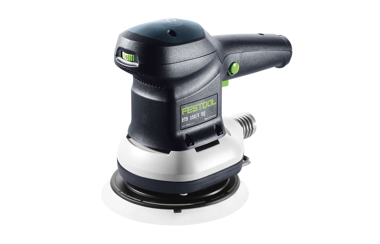 Festool ETS 150mm Random Orbital Sander in Systainer, angled view showing 5mm sanding stroke technology